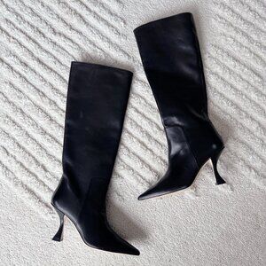 Stuart Weitzman Xcurve 85 Slouch Knee High Boots Pointed Toe Black Leather US 6